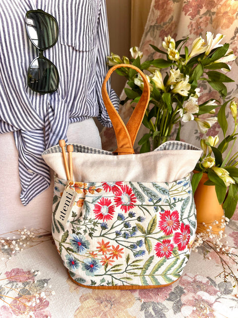 Wildflower Tall Caddy– Handmade USA Embroidered Floral Yarn & Notions Organizer, Atenti Project Bag