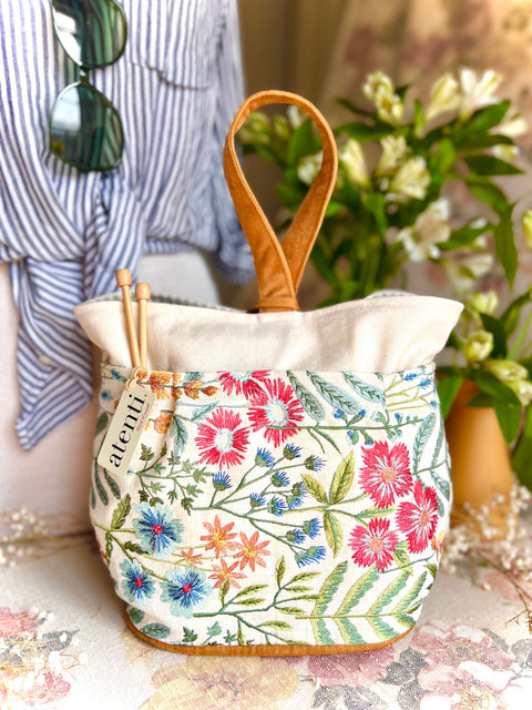 Wildflower Tall Caddy– Handmade USA Embroidered Floral Yarn & Notions Organizer, Atenti Project Bag