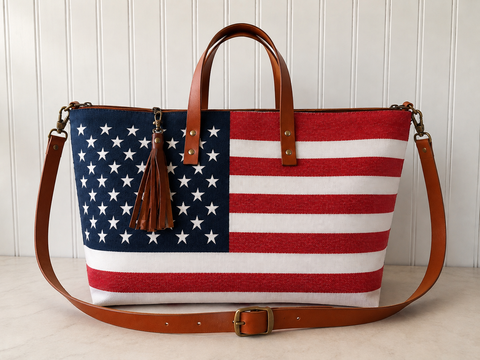 Stars and Stripes Buddy Bag – American Flag Handmade USA Crossbody Tote, Patriotic Carryall with Leather Handles