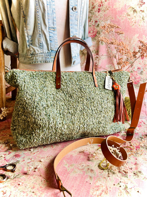 Knotty Buddy Bag – Sage Green Handmade USA Carryall, Leather Handles & Crossbody Strap