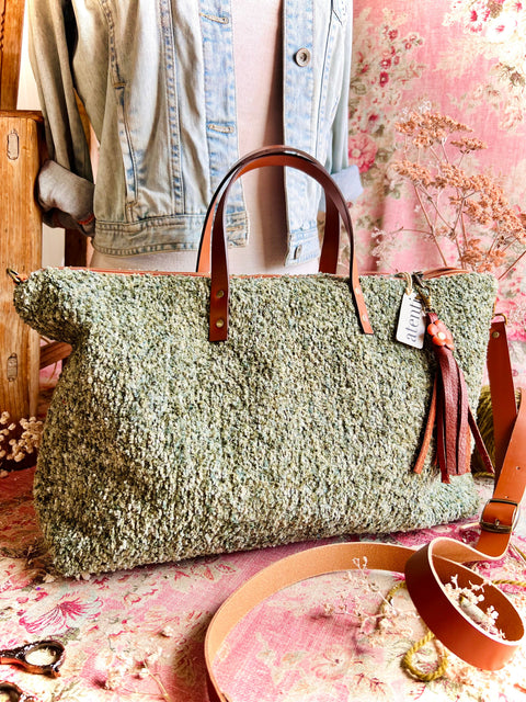 Knotty Buddy Bag – Sage Green Handmade USA Carryall, Leather Handles & Crossbody Strap