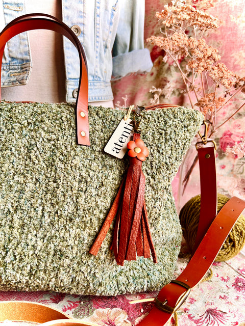 Knotty Buddy Bag – Sage Green Handmade USA Carryall, Leather Handles & Crossbody Strap
