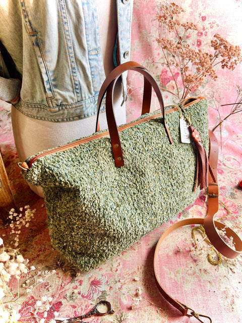 Knotty Buddy Bag – Sage Green Handmade USA Carryall, Leather Handles & Crossbody Strap