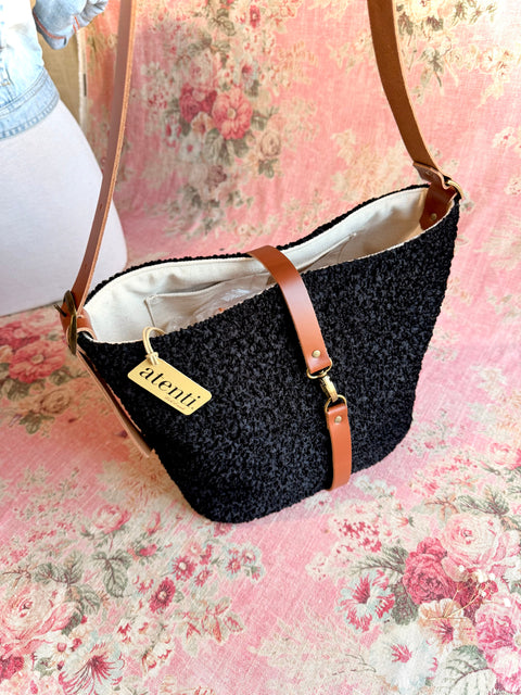 Persian Lamb Bella Bucket- Atenti Handmade USA Crossbody with Leather Strap