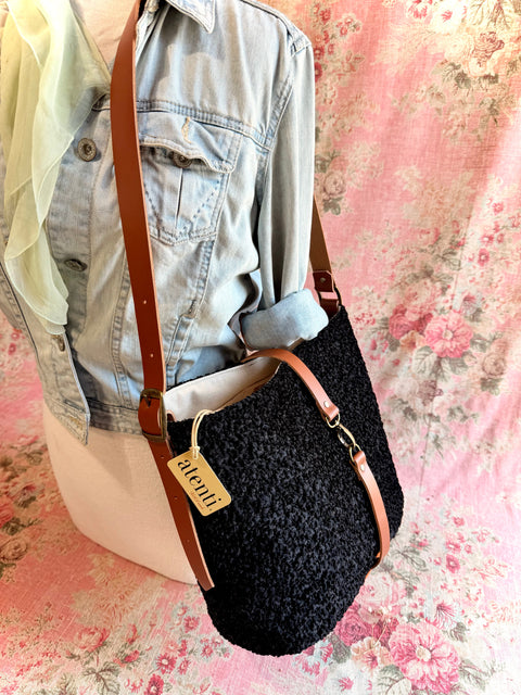 Persian Lamb Bella Bucket- Atenti Handmade USA Crossbody with Leather Strap
