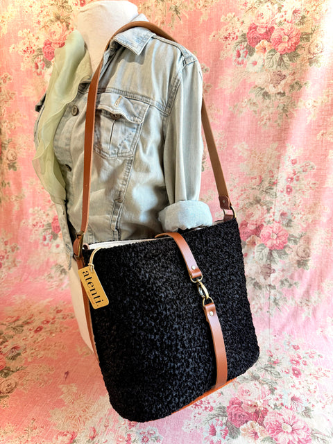 Persian Lamb Bella Bucket- Atenti Handmade USA Crossbody with Leather Strap