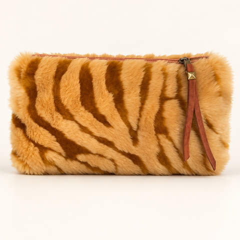 Atenti Caramel Tiger Tall Tool Pouch in plush caramel and brown tiger stripes, front view with long zipper pull.