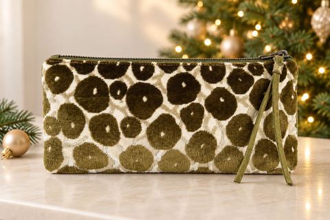 Atenti Olive Cheetah Tall Tool Pouch in olive and cream animal-print fabric beside a decorated Christmas tree.