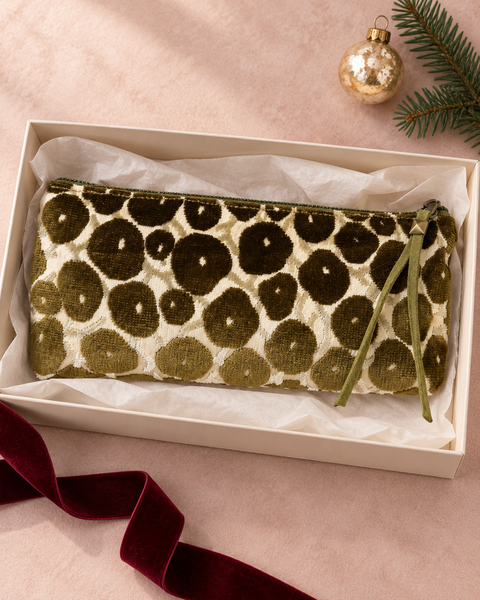 Atenti Olive Cheetah Tall Tool Pouch displayed in a tissue-lined holiday gift box with burgundy ribbon.