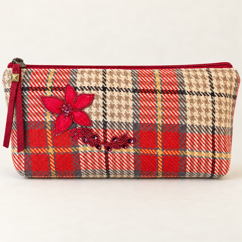 Atenti Holly Plaid Tall Tool Pouch with red floral applique over red, cream and charcoal checks, front view.