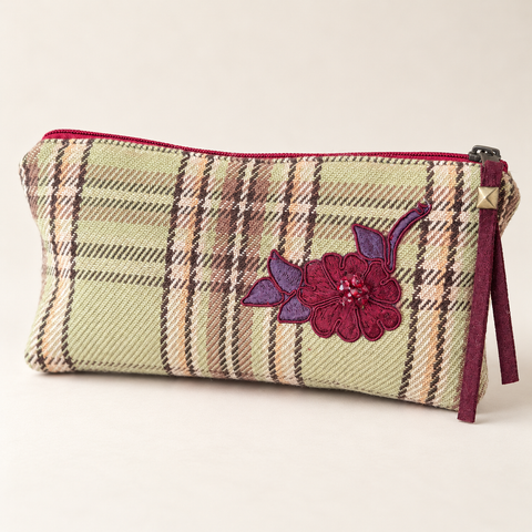 Front view of Atenti Mistletoe Plaid Tall Tool Pouch with burgundy floral embellishment on sage and cream plaid.