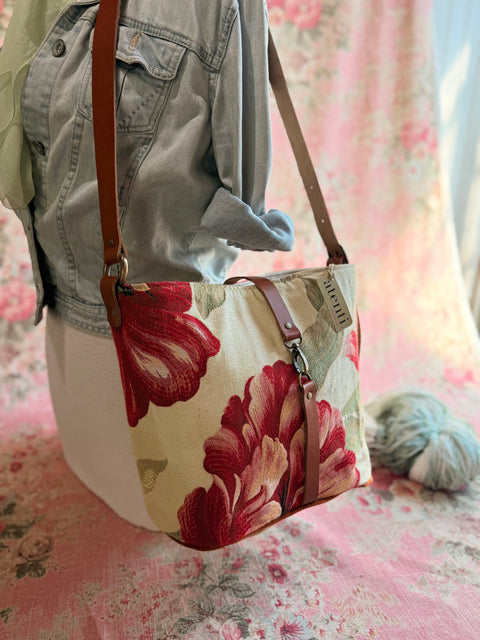Crimson Bloom Bella Bucket- Atenti Limited Edition Handmade USA Crossbody with Leather Strap