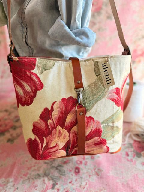 Crimson Bloom Bella Bucket- Atenti Limited Edition Handmade USA Crossbody with Leather Strap