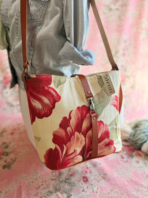 Crimson Bloom Bella Bucket- Atenti Limited Edition Handmade USA Crossbody with Leather Strap