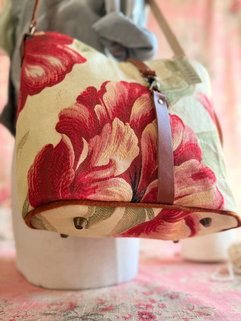 Crimson Bloom Bella Bucket- Atenti Limited Edition Handmade USA Crossbody with Leather Strap