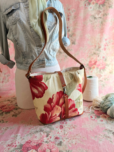 Crimson Bloom Bella Bucket- Atenti Limited Edition Handmade USA Crossbody with Leather Strap