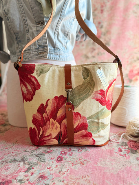Crimson Bloom Bella Bucket- Atenti Limited Edition Handmade USA Crossbody with Leather Strap