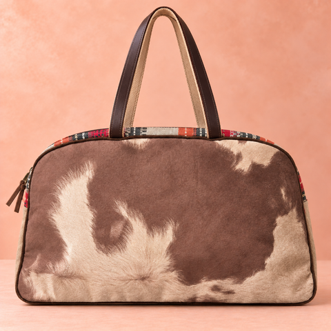 Tapestry Overnighter back with brown-and-cream pattern and long brown handles