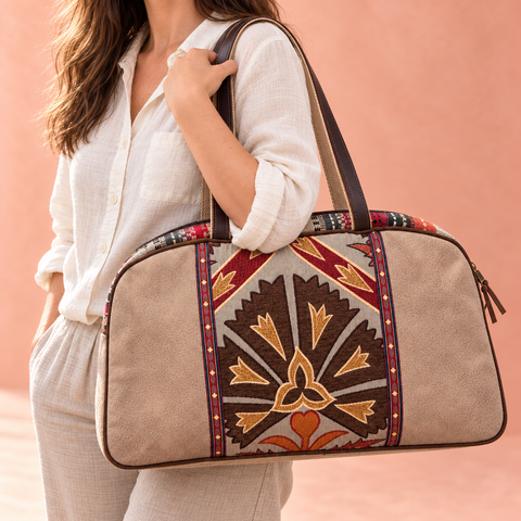 Tapestry patchwork Overnighter carried over the shoulder