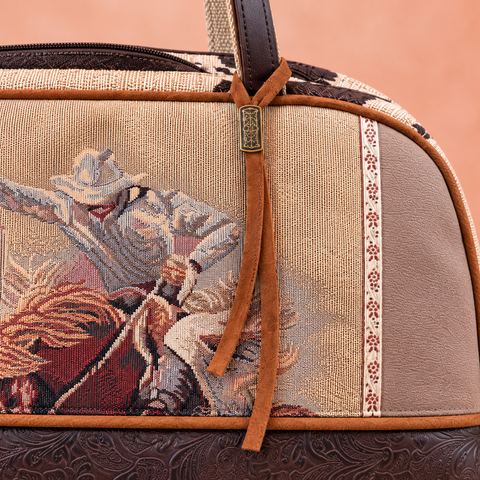 Close-up of Bronco western tapestry, narrow ribbon border and two cognac decorative tails