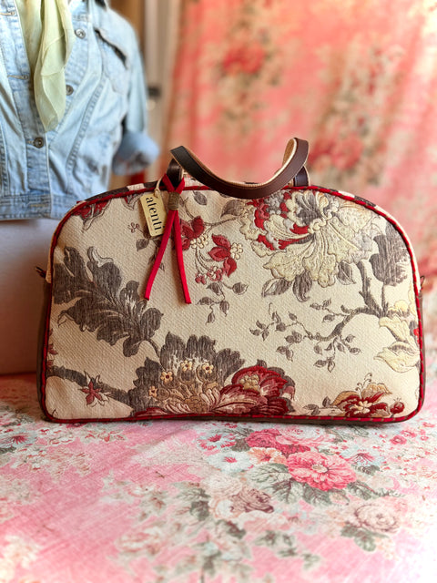 Camellia Overnighter – Handmade Floral Tapestry Weekender with Vegan Leather Sides & Red Trim Camillia