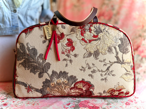 Camellia Overnighter – Handmade Floral Tapestry Weekender with Vegan Leather Sides & Red Trim Camillia