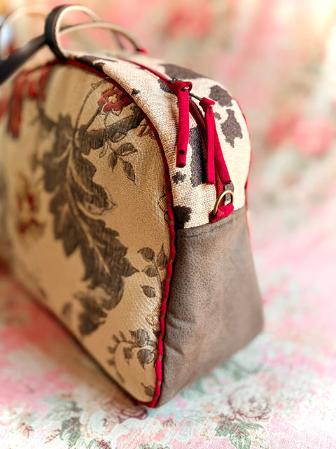 Camellia Overnighter – Handmade Floral Tapestry Weekender with Vegan Leather Sides & Red Trim Camillia