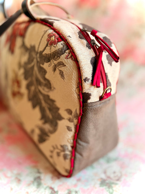 Camellia Overnighter – Handmade Floral Tapestry Weekender with Vegan Leather Sides & Red Trim Camillia