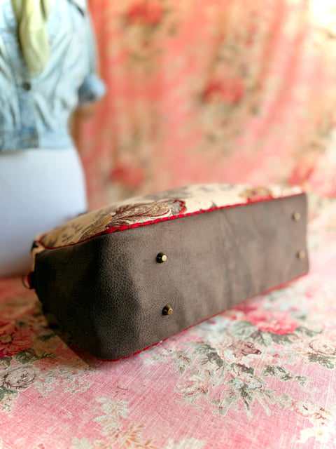 Camellia Overnighter – Handmade Floral Tapestry Weekender with Vegan Leather Sides & Red Trim Camillia