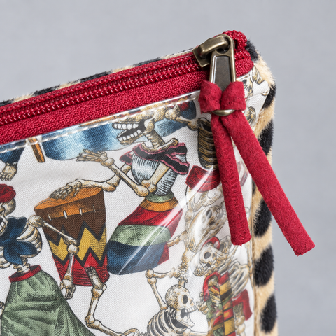 Close-up of Dia de Muertos skeleton pouch design