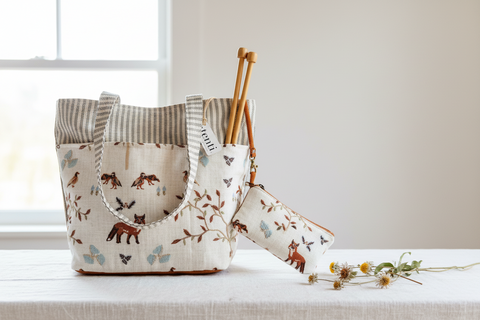 Atenti Foxy Project Tote with fox and woodland motifs with striped trim and a matching pouch.