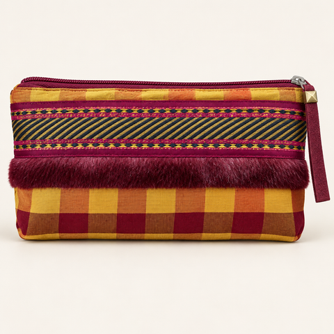 Atenti Cranberry Plaid Tall Tool Pouch with red and gold checks, patterned ribbon and plush burgundy trim.