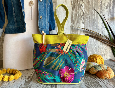 Flora Tall Caddy– Handmade USA Embroidered Floral Yarn & Notions Organizer, Atenti Project Bag