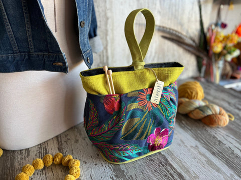 Flora Tall Caddy– Handmade USA Embroidered Floral Yarn & Notions Organizer, Atenti Project Bag