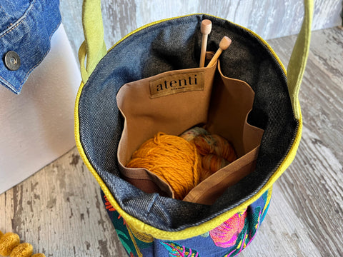Flora Tall Caddy– Handmade USA Embroidered Floral Yarn & Notions Organizer, Atenti Project Bag