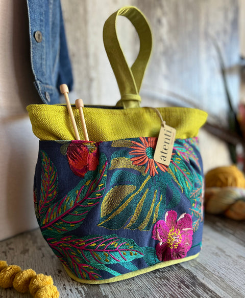 Flora Tall Caddy– Handmade USA Embroidered Floral Yarn & Notions Organizer, Atenti Project Bag