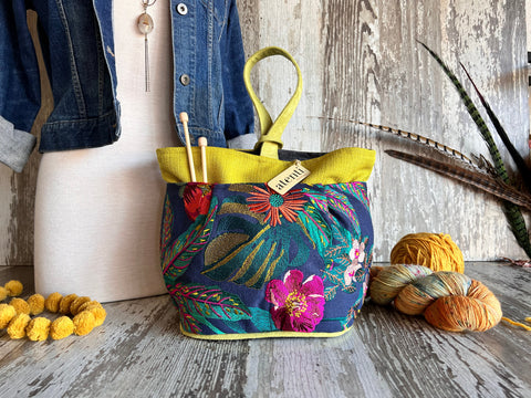 Flora Tall Caddy– Handmade USA Embroidered Floral Yarn & Notions Organizer, Atenti Project Bag