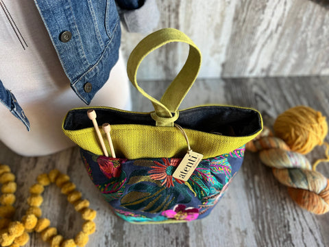 Flora Tall Caddy– Handmade USA Embroidered Floral Yarn & Notions Organizer, Atenti Project Bag