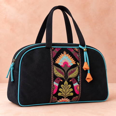 Lovebirds black velvet patchwork Overnighter front with colorful bird tapestry, turquoise trim and raised black handles