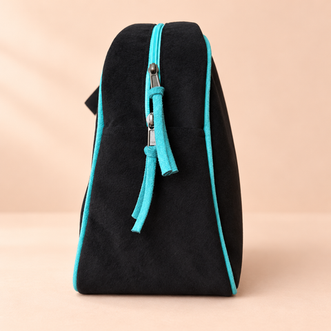 Lovebirds Overnighter side with turquoise zipper and matching pull strips