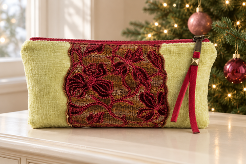 Atenti Golden Garland Tall Tool Pouch with burgundy floral lace beside a softly lit Christmas tree.