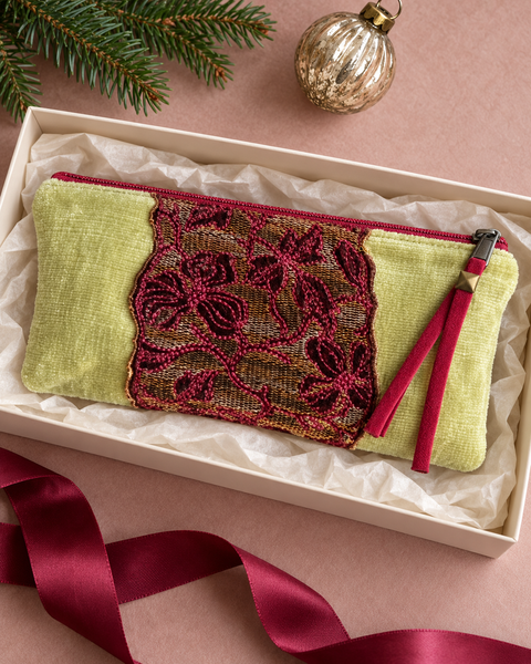 Atenti Golden Garland Tall Tool Pouch in a tissue-lined holiday gift box with burgundy ribbon and an ornament.