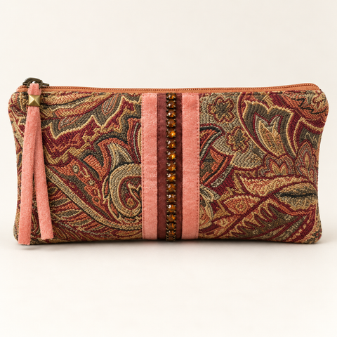 Atenti Rose Paisley Tall Tool Pouch with muted pink and green paisley fabric, pink ribbon and decorative center trim.