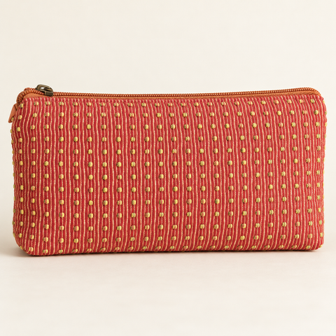 Reverse view of Atenti Sugarplum Ribbon Tall Tool Pouch, showing coral pink fabric with fine vertical stripes.