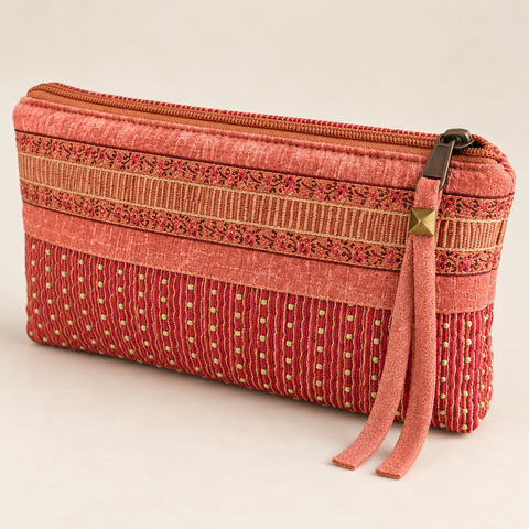 Angled view of Atenti Sugarplum Ribbon Tall Tool Pouch, showing patterned ribbon trim and a pink zipper pull.