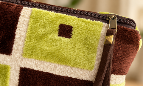 Close-up of plush geometric fabric and the zipper on Atenti Retro Evergreen Tall Tool Pouch in green, brown and cream.