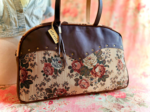 Whinny Overnighter – USA Handmade - Floral Tapestry Weekender - Leather Yoke, Cow Trim & Hand-Studded Detail Whinny