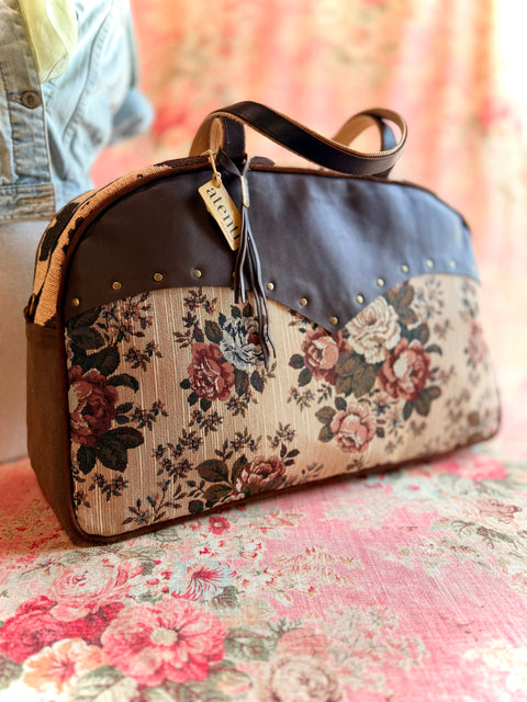 Whinny Overnighter – USA Handmade - Floral Tapestry Weekender - Leather Yoke, Cow Trim & Hand-Studded Detail Whinny