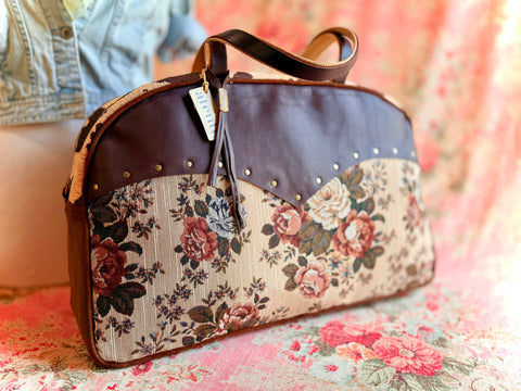 Whinny Overnighter – USA Handmade - Floral Tapestry Weekender - Leather Yoke, Cow Trim & Hand-Studded Detail Whinny