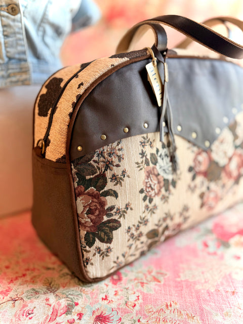 Whinny Overnighter – USA Handmade - Floral Tapestry Weekender - Leather Yoke, Cow Trim & Hand-Studded Detail Whinny